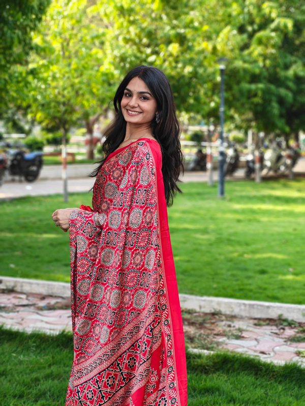 Red Ajrakh Printed Soft Modal Silk Natural Print Saree P2