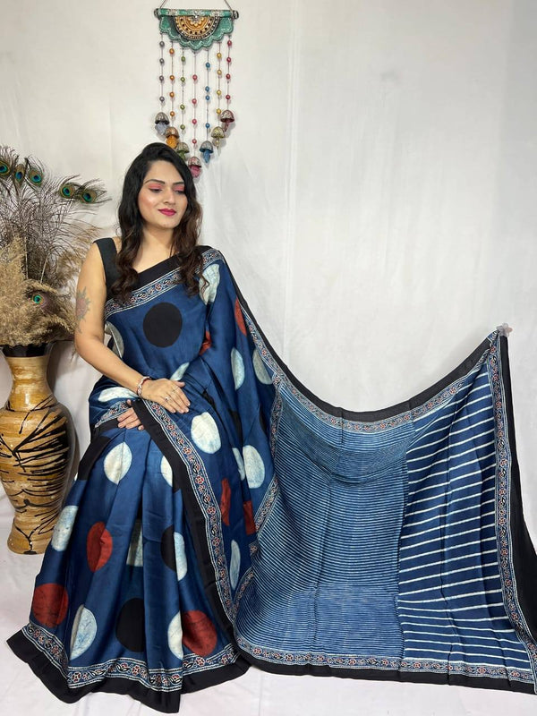 Blue Ajrakh Primum Modal Silk Saree With Blouse