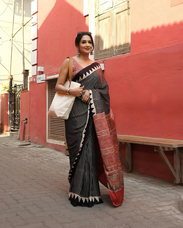 Ajrakh Primum Modal Silk Saree With Blouse