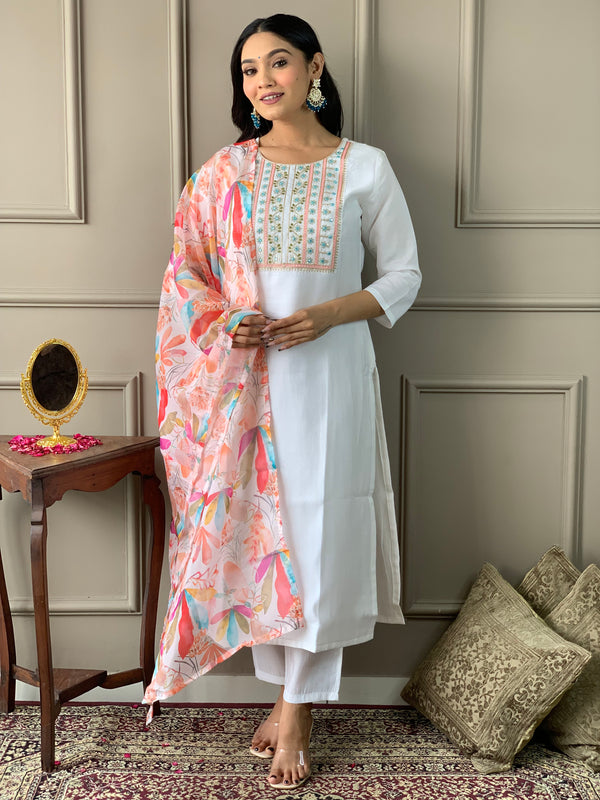 New White Color Viscos Chanderi Kurti pant Set