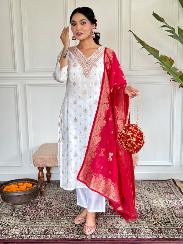 Beautiful White Color Jaquard Kurti Pant Set