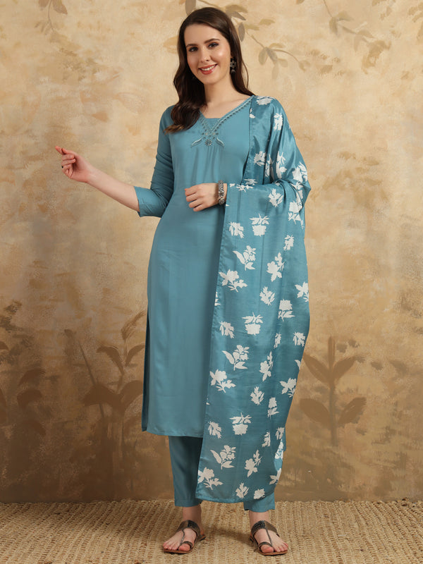 Beautiful Sky Blue Color Viscose Chanderi Kurtis Pant Set