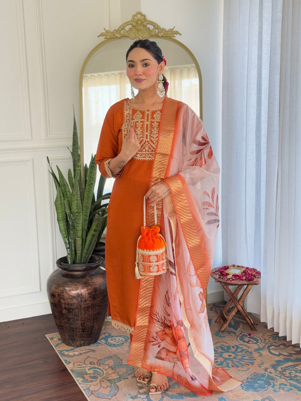 Beautiful Orange Color Viscose Rayon Fabric Kurtis Pant Set