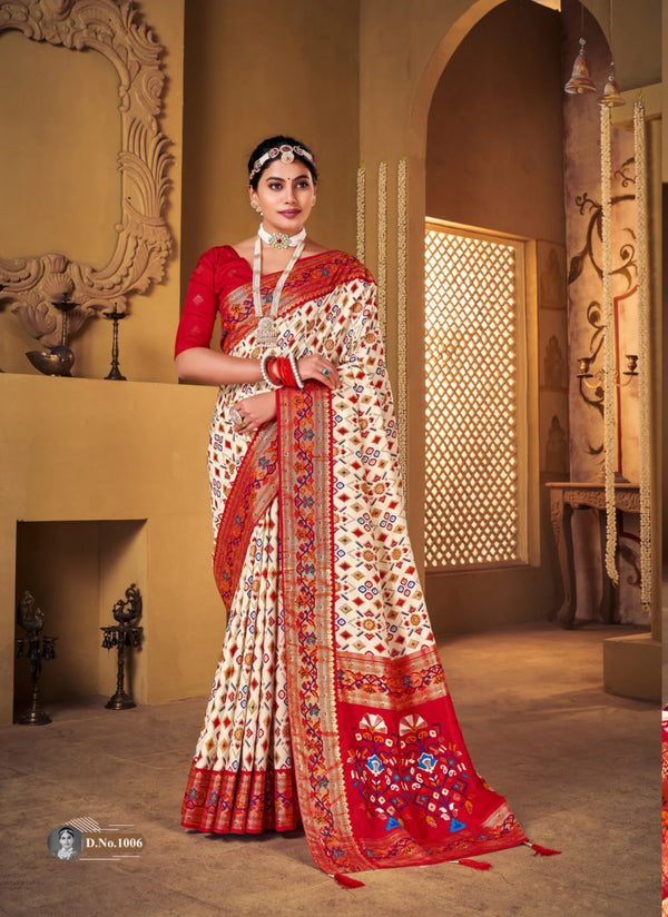 Butter White Soft Dola Silk Paithani Patola Saree SBS5