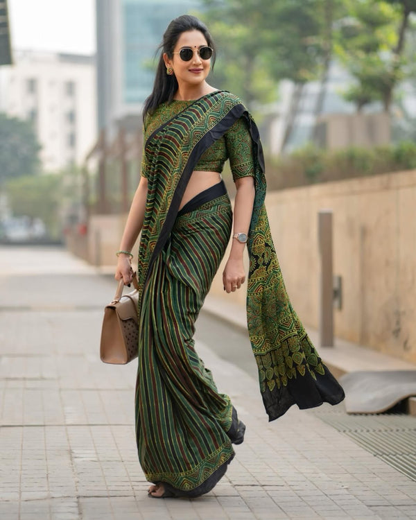 Green Line Ajrakh Primum Modal Silk Saree With Blouse