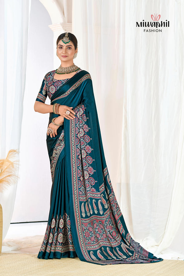 Indigo Morpich Ajrakh Printed Modal Silk Plain Saree With Ajrakh Blouse P6