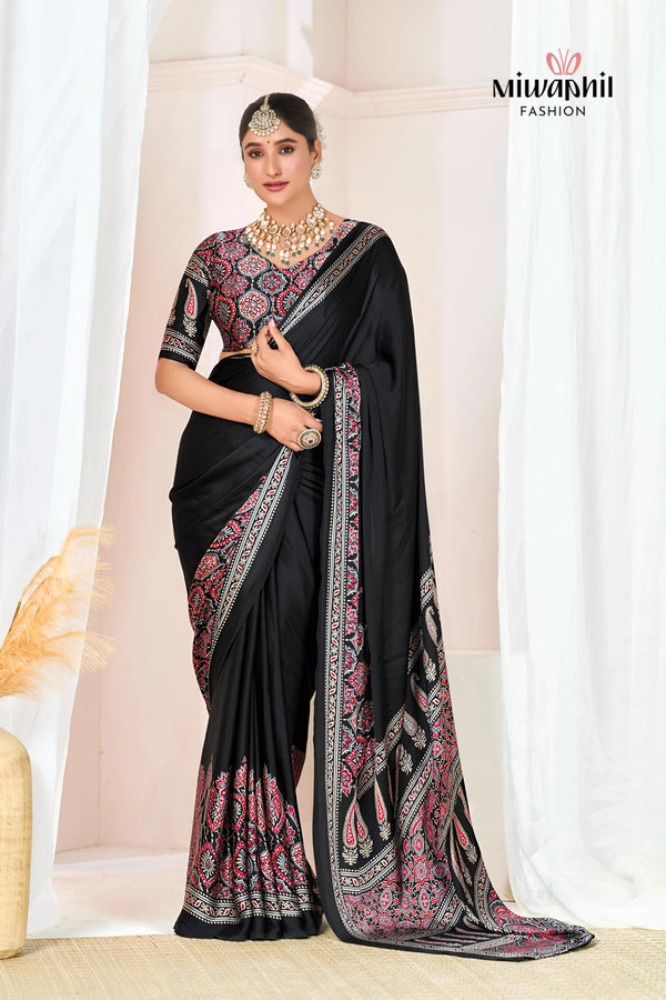 Black Ajrakh Printed Modal Silk Plain Saree With Ajrakh Blouse P6