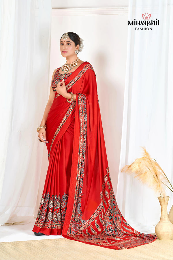 Red Ajrakh Printed Modal Silk Plain Saree With Ajrakh Blouse P6
