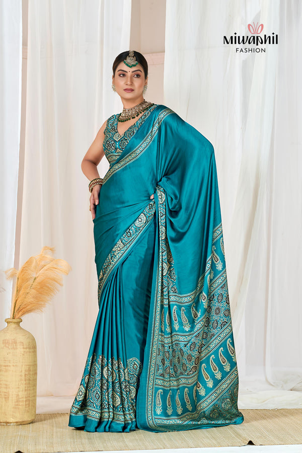 Rama Ajrakh Printed Modal Silk Plain Saree With Ajrakh Blouse P6