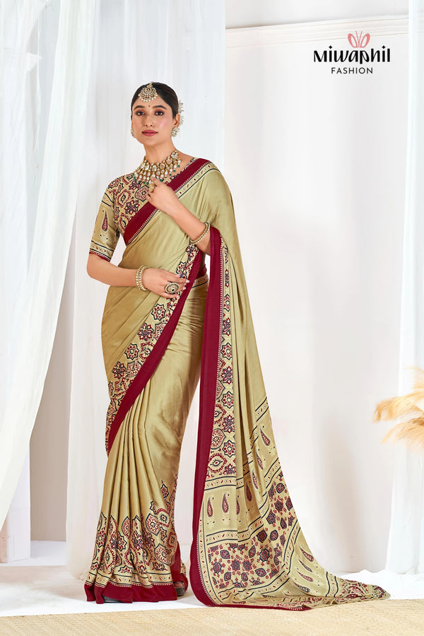 Cream Ajrakh Printed Modal Silk Plain Saree With Ajrakh Blouse P6