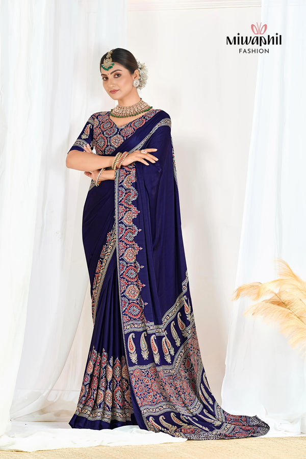 Blue Ajrakh Printed Modal Silk Plain Saree With Ajrakh Blouse P6