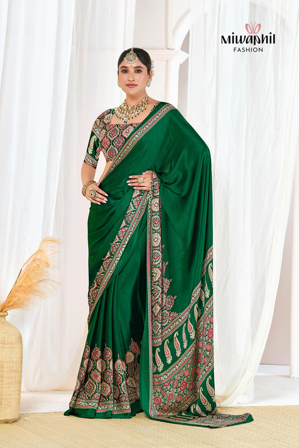Green Ajrakh Printed Modal Silk Plain Saree With Ajrakh Blouse P6