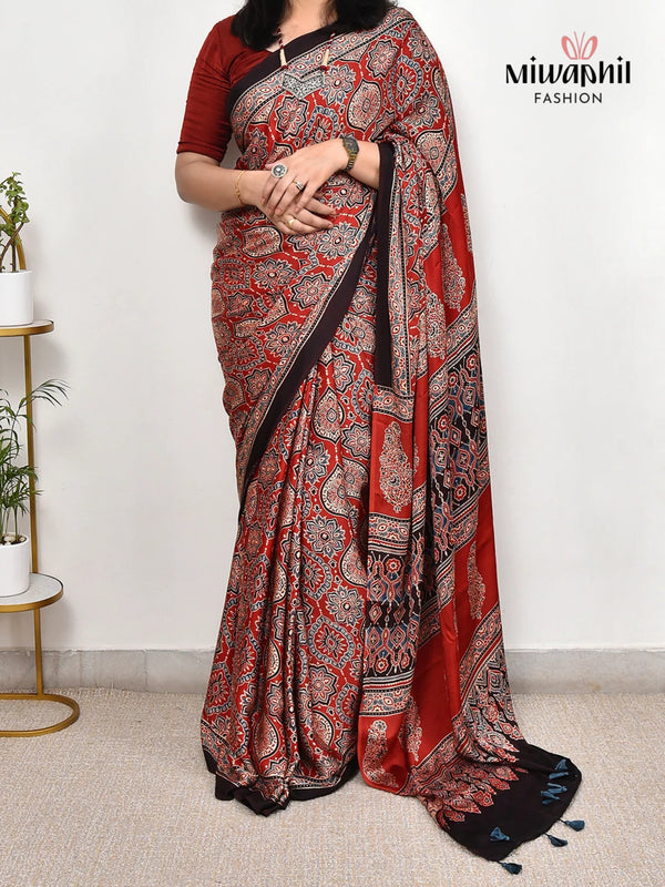 Red Ajrakh Printed Soft Gaji Silk Natural Print Saree