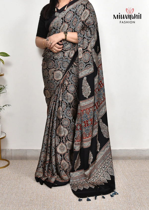 Black Ajrakh Printed Soft Gaji Silk Natural Print Saree