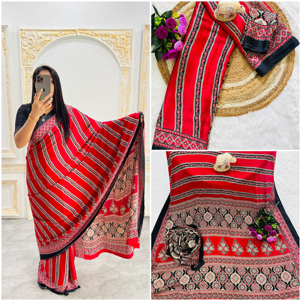Ajrakh Printed Semi Gaji Silk Saree With Ajrakh Blouse