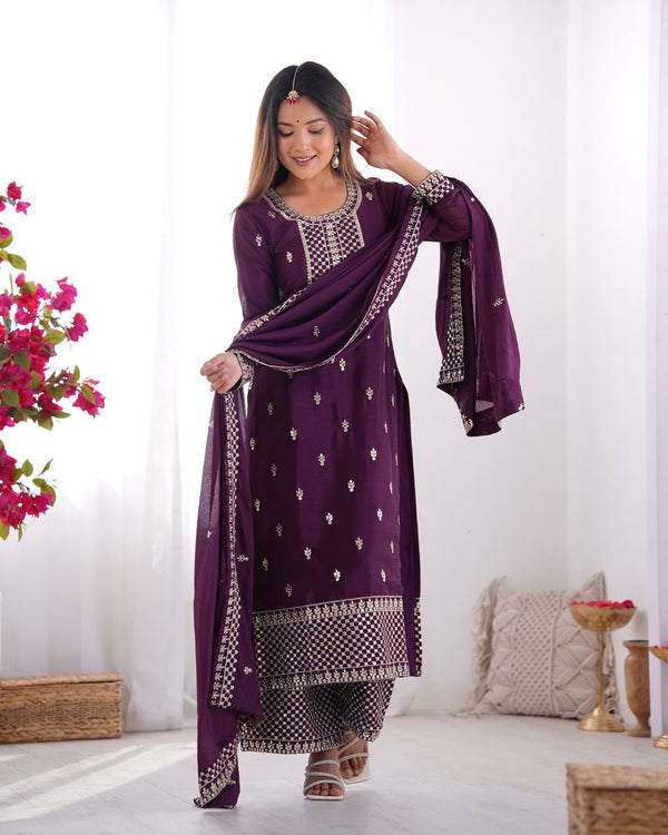 Wine Pure Chinon Silk Fabric With Beautiful Embroidery Sequence And Jari Work Plazzo Set