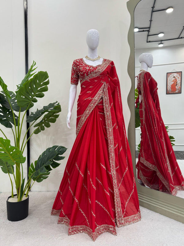 Blue Beautiful Designer Saree on Chinon Silk  Fabric with Thread & Sequence Work
