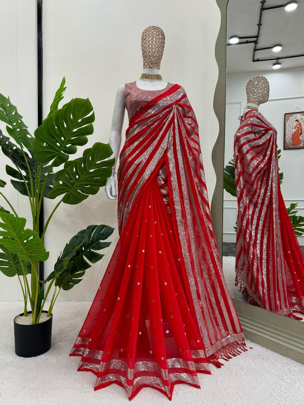 Blue Beautiful Designer Saree on Faux Georgette  Fabric with Thread & Sequence Work
