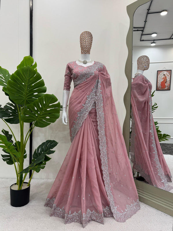 Pink Beautiful Designer Saree on Heavy Tabby Silk Fabric with Thread & Sequence work