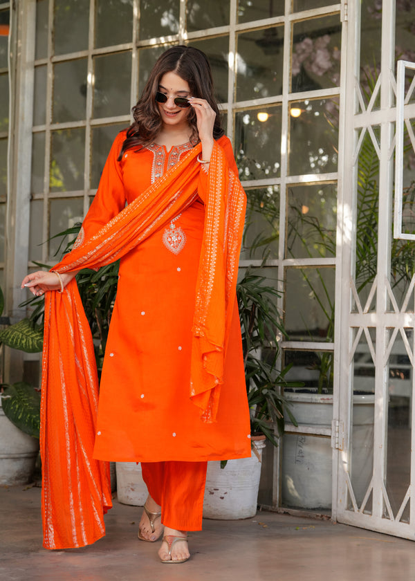 Beautiful Orange Viscose Chanderi Fabric Kurtis Pant Set