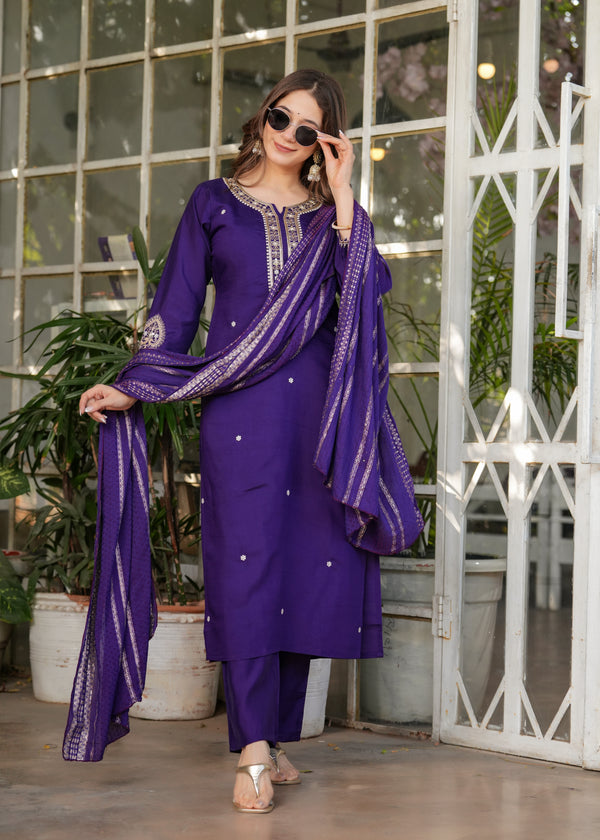Beautiful Blue Viscose Chanderi Fabric Kurtis Pant Set