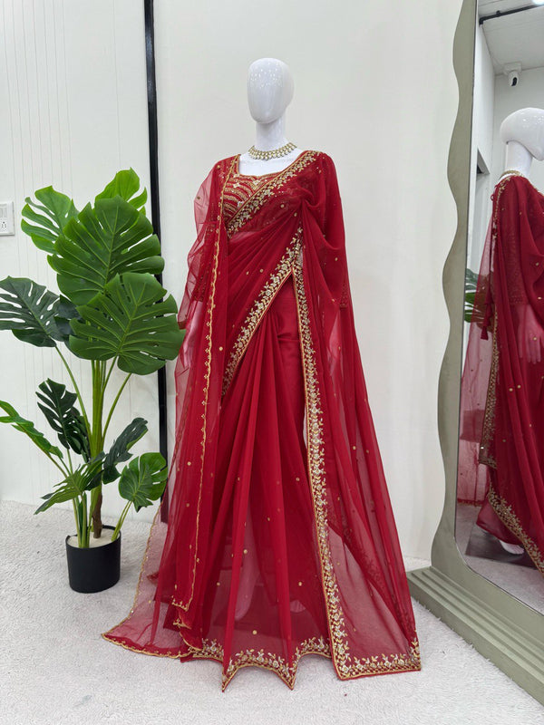 Beautiful Red Designer Saree on Faux Georgette Fabric with Thread & Sequence Work