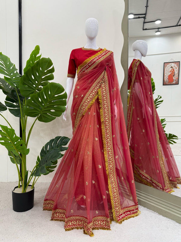 Beautiful Red Designer Saree on Twil Net Fabric with Thread & Sequence Work
