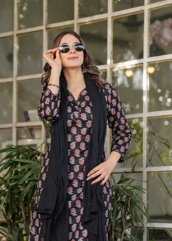 Beautiful Black Pure Cotton Fabric Kurtis Pant Set