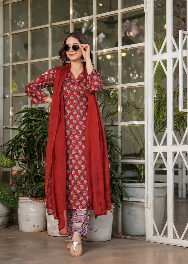 Beautiful Red Pure Cotton Fabric Kurtis Pant Set