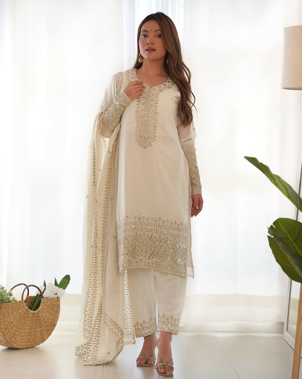 White Pure Chinon Silk Fabric With Beautiful Embroidery Sequence Jari Work Salwar Suit