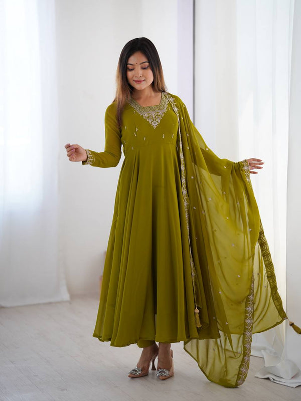 Mahendi Green Pure Soft Fox Georgette Fabric Fully Flair Anarkali Salwar Suit