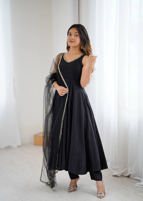 Black Color Chanderi Pure Roman Silk Anarkali Suit