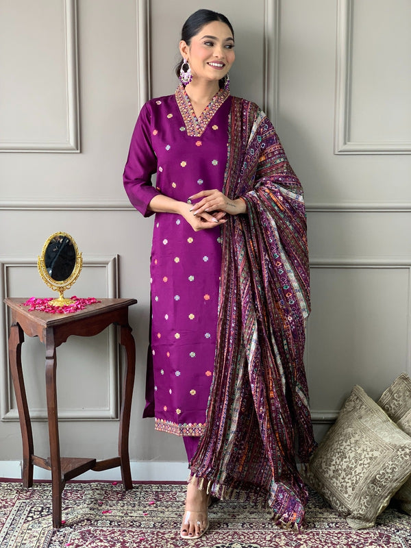 Beautiful Wine Viscose Chanderi Fabric Kurtis Pant Set