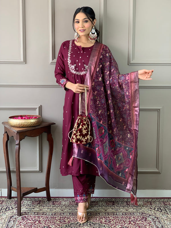 Beautiful Wine Viscose Chanderi Fabric Kurtis Pant Set