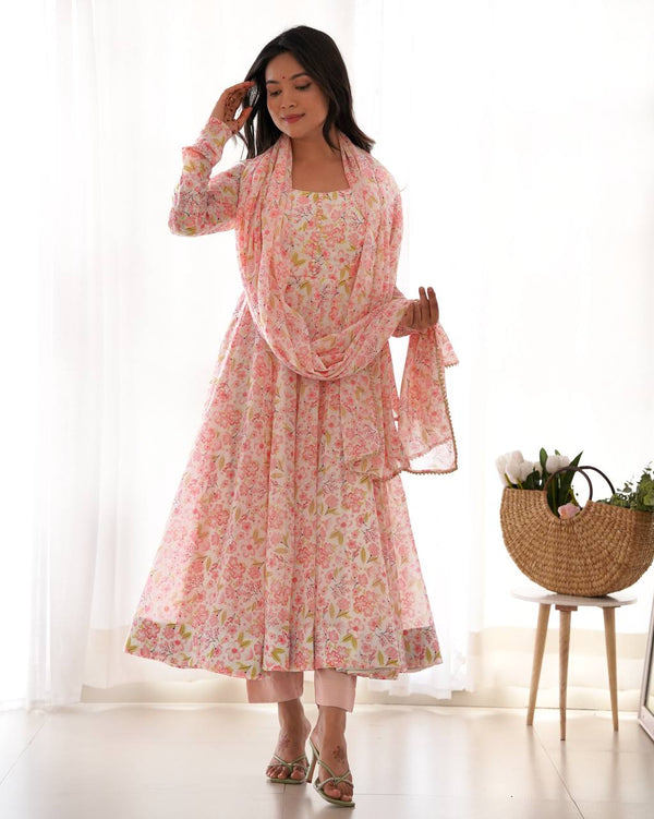 Baby Pink Pure Orange Chiffon Floral Print Fabric Fully Flair Anarkali Salwar Suit