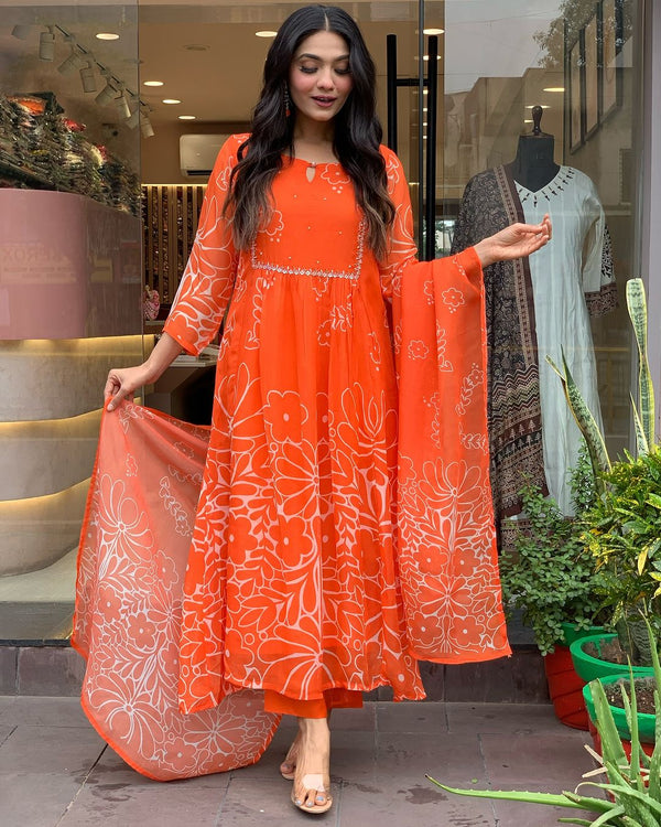Beautiful Orange Faux Georgette Fabric Kurtis Pant Set