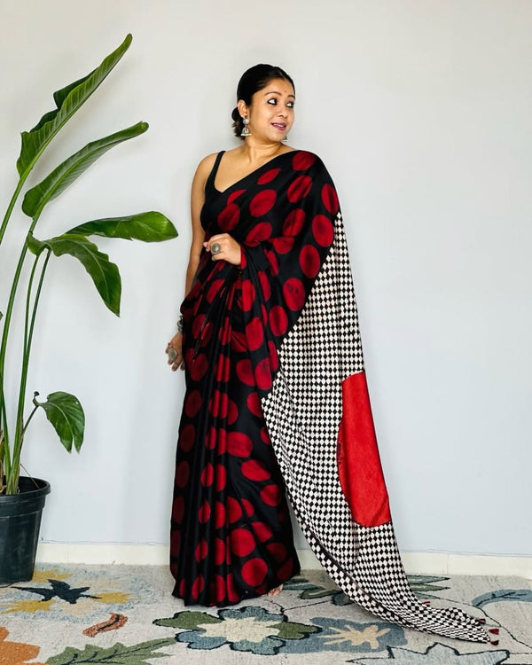 Red Ajrakh Primum Modal Silk Saree With Blouse