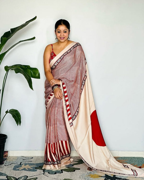 Red Cream Ajrakh Primum Modal Silk Saree With Blouse