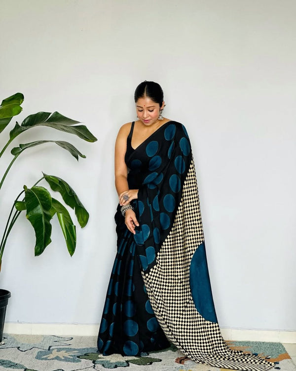 Blue Black Line Ajrakh Primum Modal Silk Saree With Blouse