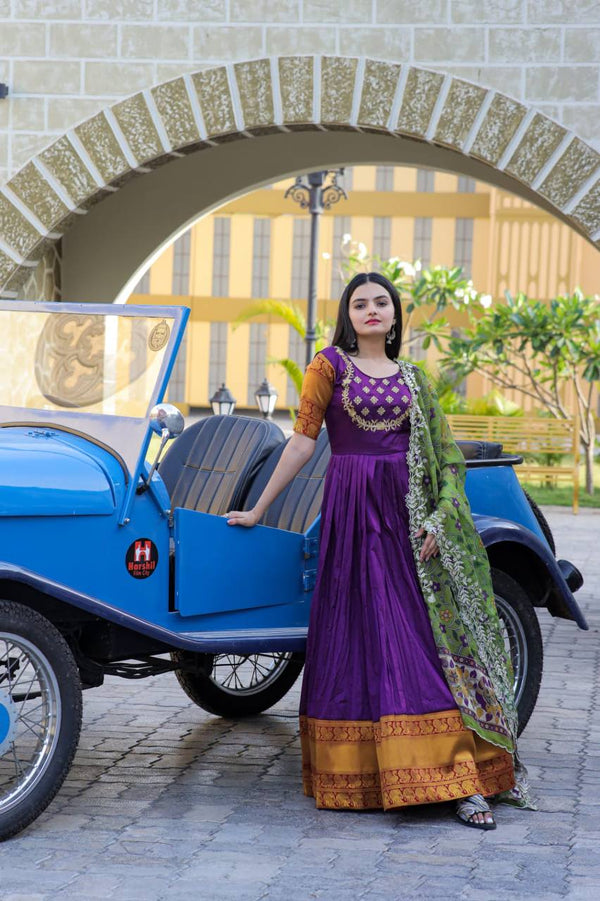 Purpal Embroidered Work Weaving Silk Readymade Gown