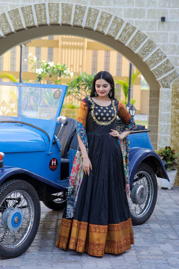Black Embroidered Work Weaving Silk Readymade Gown
