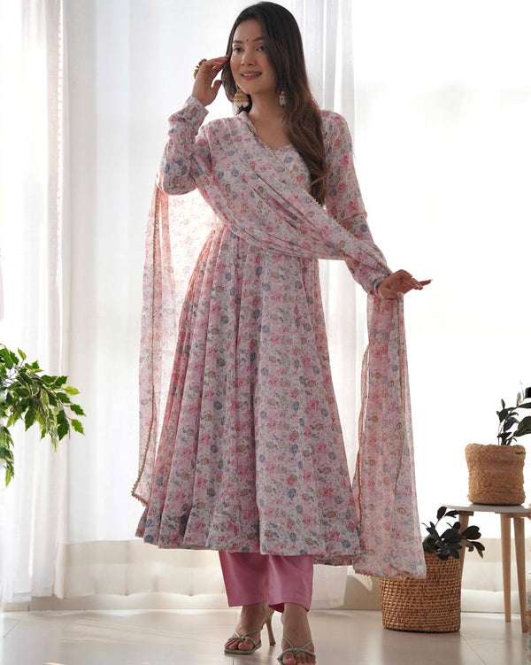 Pink Heavy Orange Chiffon Floral Print Salwar Suit