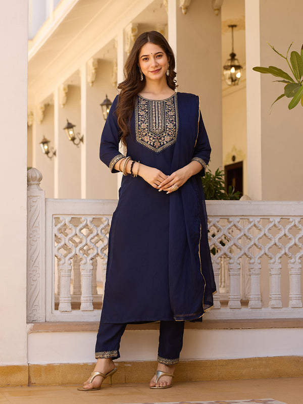 Beautiful Navy Blue Color Rayon Fabric Kurtis Pant Set