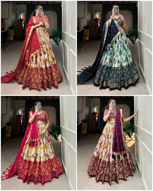 Tussar Silk Chaniya Choli Fancy Mill Print With Real Mirror Work for Traditional Wear