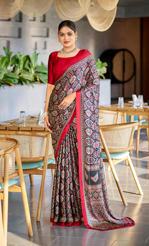 Majestic Black and Maroon Ajrakh Printed Soft Modal Silk Natural Print Saree P2