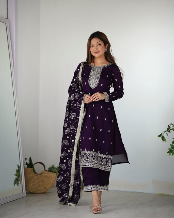 Purple New Beautiful Pure Bllooming Vichitra Silk Fabric Straight Fit Salwar Suiit