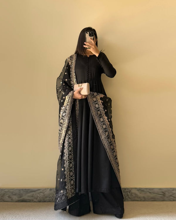 Black Bottle Green Pure Fox Georgette Fabric Kurta With Duppta Plazzo Set