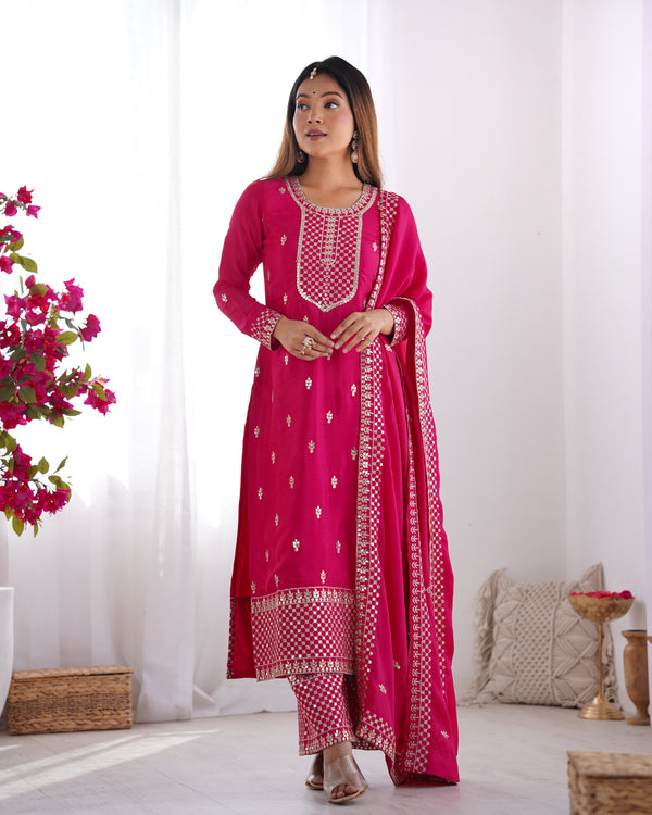 Pink Pure Chinon Silk Fabric With Beautiful Embroidery Sequence And Jari Work Plazzo Set