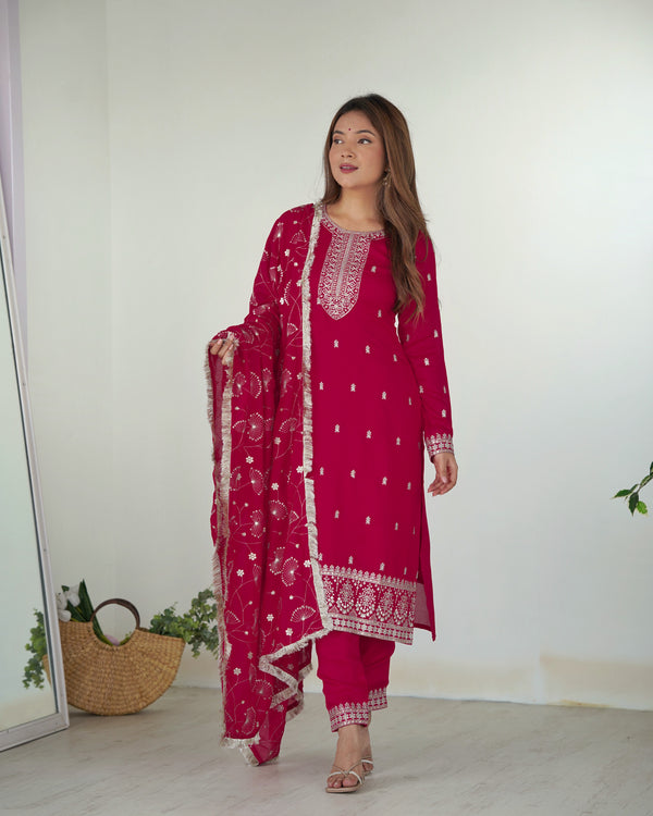 Pink New Beautiful Pure Bllooming Vichitra Silk Fabric Straight Fit Salwar Suiit