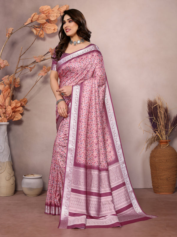 Designer Beautiful Blue Color Khadi Vichitra Pashmina Digital Print With Jacquard Rich Pallu Border Weaving Work